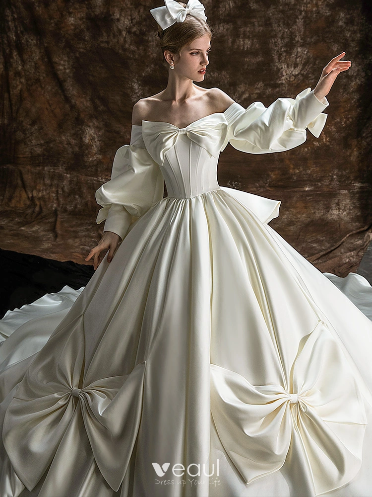 Long Sleeve Low Back Ivory Crepe Satin Wedding Ball Gown - Promfy