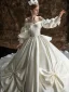 High-end Ivory Bow Satin Wedding Dresses 2022 Ball Gown Off-The-Shoulder Puffy Long Sleeve Backless Royal Train Wedding