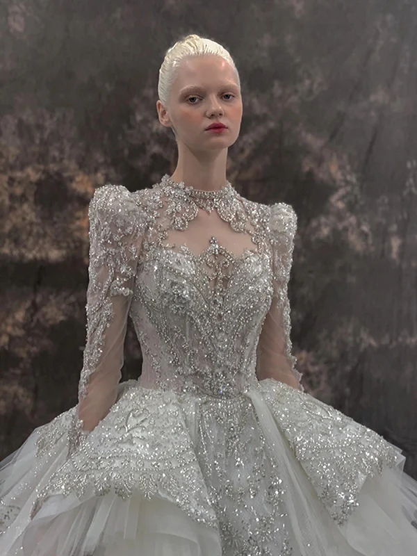 Luxury / Gorgeous White Beading Cascading Ruffles Wedding Dresses 2022 Ball Gown Scoop Neck Pearl Rhinestone Sequins Lace Flower Short Sleeve Backless Royal Train Wedding