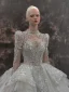 Luxury / Gorgeous White Beading Cascading Ruffles Wedding Dresses 2022 Ball Gown Scoop Neck Pearl Rhinestone Sequins Lace Flower Short Sleeve Backless Royal Train Wedding
