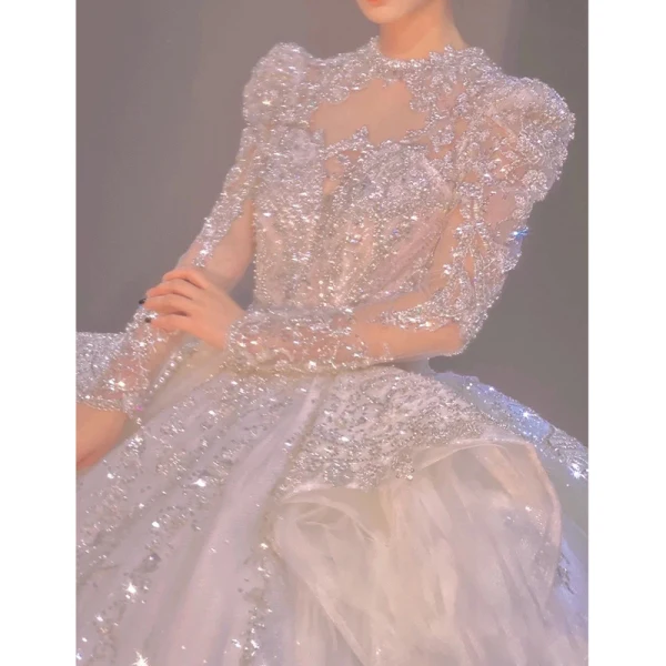 High-end White Cascading Ruffles Beading Pearl Rhinestone Sequins Wedding Dresses 2022 Ball Gown Scoop Neck Long Sleeve Backless Royal Train Wedding
