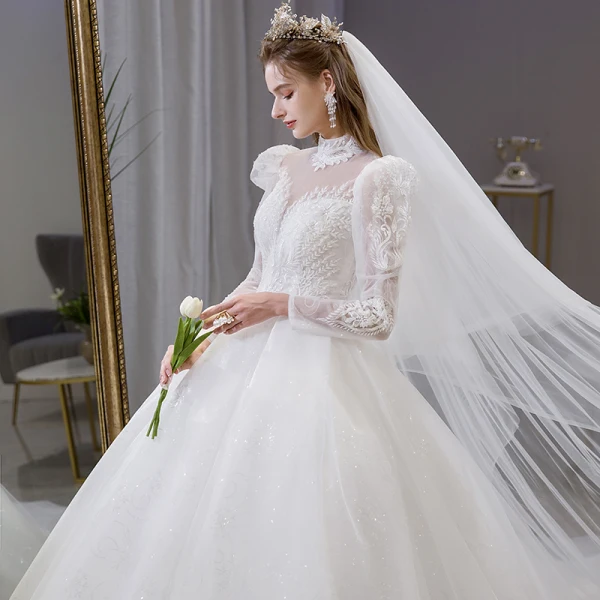 Elegant White Sequins Lace Flower Wedding Dresses 2022 Ball Gown High Neck Long Sleeve Backless Floor-Length / Long Wedding