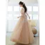 Chic / Belle Champagne Faux Diamant Paillettes Robe De Bal 2022 Princesse Encolure Carrée Gonflée Manches Courtes Dos Nu Noeud Longue Robe De Ceremonie