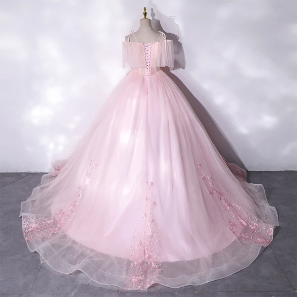 Flotte Lyserød Gallakjoler 2021 Prinsesse Spaghetti Straps Beading Med Blonder Blomsten Kort Ærme Halterneck Lange Kjoler