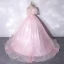 Flotte Lyserød Gallakjoler 2021 Prinsesse Spaghetti Straps Beading Med Blonder Blomsten Kort Ærme Halterneck Lange Kjoler