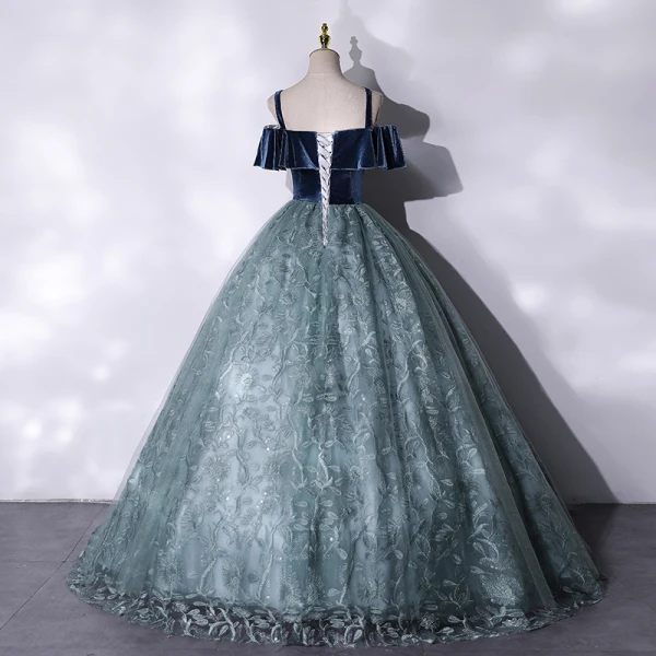 Elegant Navy Blue Prom Dresses 2021 Ball Gown Suede Spaghetti Straps Beading Lace Flower Short Sleeve Backless Floor-Length / Long Formal Dresses