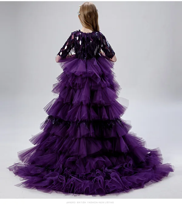 Fashion Purple Pleated Sequins Birthday Flower Girl Dresses 2022 Ball Gown Scoop Neck 1/2 Sleeves Asymmetrical Evening Party Flower Girl Dresses
