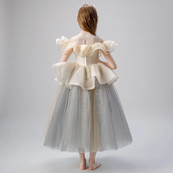 Elegant Champagne Sequins Cascading Ruffles Flower Girl Dresses 2022 Ball Gown Scoop Neck Short Sleeve Floor-Length / Long Birthday Flower Girl Dresses