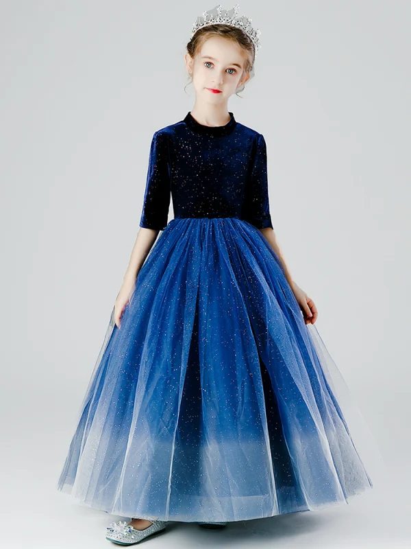 Elegant Navy Blue Gradient-Color Sequins Flower Girl Dresses 2022 Ball Gown Scoop Neck 3/4 Sleeve Floor-Length / Long Birthday Flower Girl Dresses