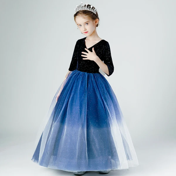 Elegant Navy Blue Gradient-Color Sequins Flower Girl Dresses 2022 Ball Gown V-Neck 1/2 Sleeves Floor-Length / Long Birthday Flower Girl Dresses