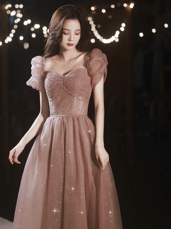 Charmant Rose Bonbon Glitter Faux Diamant Robe De Bal 2022 Princesse De l'épaule Manches Courtes Dos Nu Longue Robe De Ceremonie