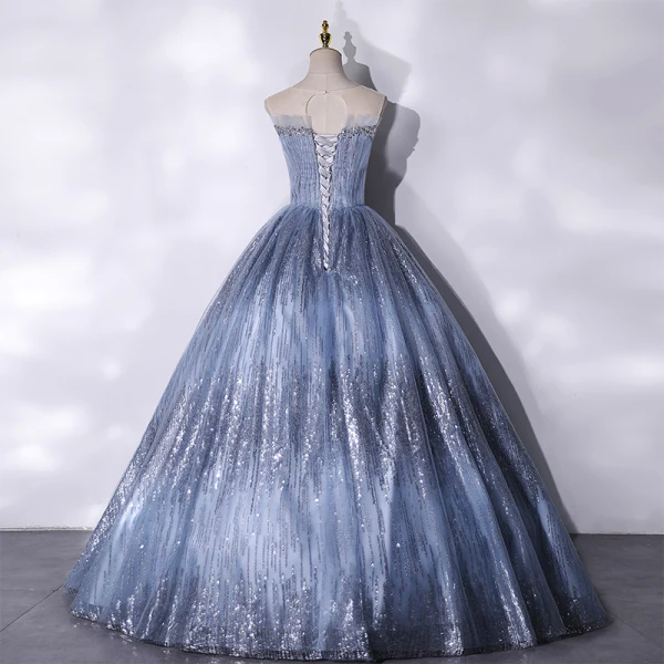 Charmant Scintillantes Océan Bleu Perlage Paillettes Robe De Bal 2021 Robe Boule Encolure Dégagée Sans Manches Dos Nu Longue Robe De Ceremonie