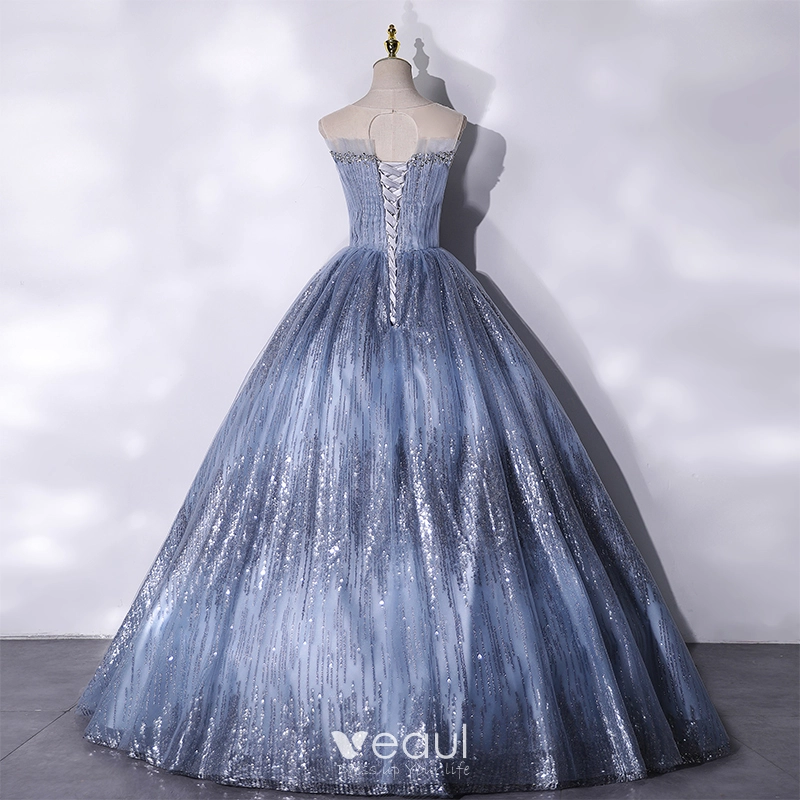 Charming Sparkly Ocean Blue Beading Sequins Prom Dresses 2021 Ball Gown Scoop Neck Long