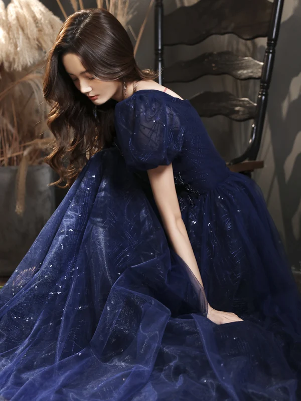 Chic / Belle Bleu Roi Glitter Perlage Paillettes Faux Diamant Robe De Bal 2022 Princesse Encolure Carrée Manches Courtes Dos Nu Longue Robe De Ceremonie