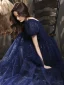 Chic / Belle Bleu Roi Glitter Perlage Paillettes Faux Diamant Robe De Bal 2022 Princesse Encolure Carrée Manches Courtes Dos Nu Longue Robe De Ceremonie