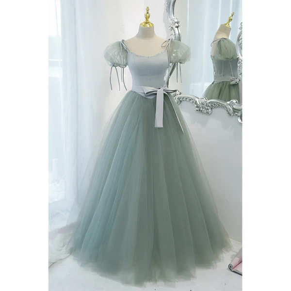 Mode Vert Citron Robe De Bal 2022 Robe Boule Encolure Carrée Gonflée Manches Courtes Dos Nu Noeud Ceinture Longue Robe De Ceremonie