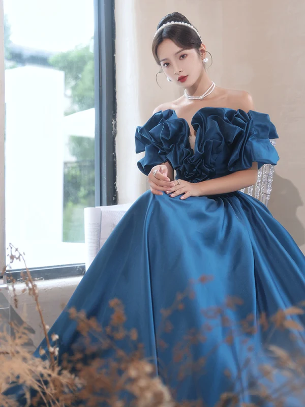 Elegant Ink Blue Satin Prom Dresses 2022 A-Line / Princess Ruffle Off-The-Shoulder Short Sleeve Backless Floor-Length / Long Formal Dresses