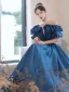 Elegant Ink Blue Satin Prom Dresses 2022 A-Line / Princess Ruffle Off-The-Shoulder Short Sleeve Backless Floor-Length / Long Formal Dresses