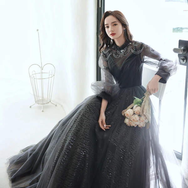 Chic / Belle Noire Perlage Faux Diamant Paillettes Robe De Bal 2022 Princesse Encolure Dégagée Manches Longues Dos Nu Longue Robe De Ceremonie
