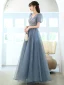 Chic / Beautiful Pool Blue Glitter Sequins Prom Dresses 2022 A-Line / Princess V-Neck Puffy Short Sleeve Backless Floor-Length / Long Formal Dresses
