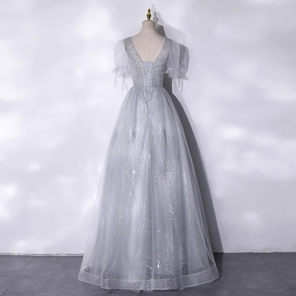 Chic / Belle Argenté Glitter Paillettes Robe De Bal 2021 Princesse V-Cou Manches Courtes Dos Nu Longue Robe De Ceremonie