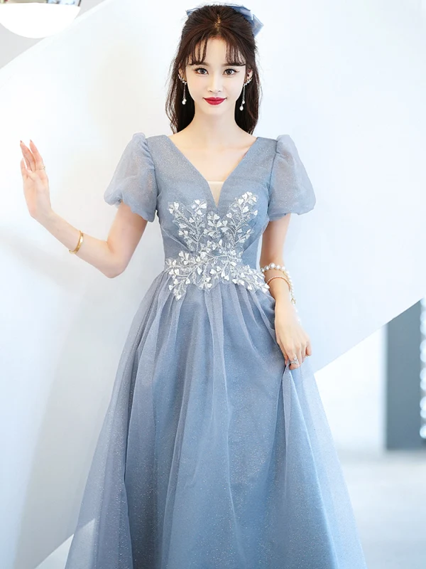 Chic / Belle Bleu Ciel Perlage Paillettes Robe De Bal 2022 Princesse V-Cou Manches Courtes Dos Nu Longue Robe De Ceremonie