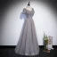 Elegant Grey Beading Sequins Prom Dresses 2022 A-Line / Princess V-Neck Short Sleeve Backless Floor-Length / Long Formal Dresses