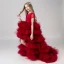 Chic / Beautiful Burgundy Cascading Ruffles Birthday Flower Girl Dresses 2022 Scoop Neck Ball Gown Lace Flower Short Sleeve Sweep Train Flower Girl Dresses
