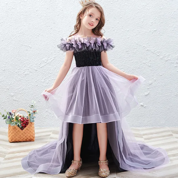 Chic / Beautiful Lavender Sequins Birthday Flower Girl Dresses 2022 A-Line / Princess Scoop Neck Ruffle Short Sleeve Court Train Flower Girl Dresses