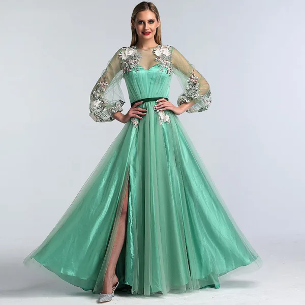 Flower Fairy Sage Green Prom Dresses 2022 A-Line / Princess Scoop Neck Lace Flower Long Sleeve Floor-Length / Long Formal Dresses