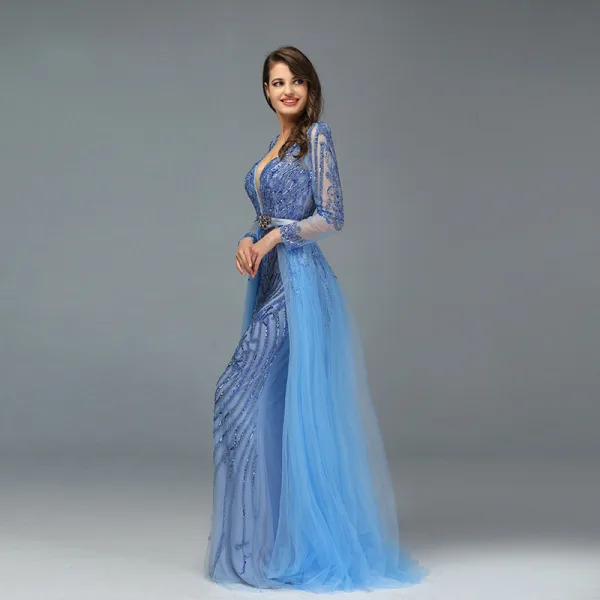 Sexy Bleu Perlage Faux Diamant Paillettes Robe De Soirée 2022 Trompette / Sirène Col v profond Manches Longues Dos Nu Ceinture Longue Soirée Robe De Ceremonie