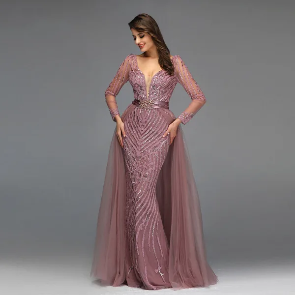Haut de Gamme Rose Sombre Perlage Paillettes Robe De Soirée 2022 Trompette / Sirène Col v profond Ceinture Manches Longues Dos Nu Longue Soirée Robe De Ceremonie
