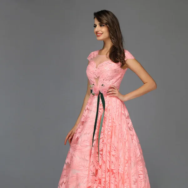 Chic / Beautiful Candy Pink Leaf Lace Prom Dresses 2022 A-Line / Princess Scoop Neck Sleeveless Floor-Length / Long Formal Dresses