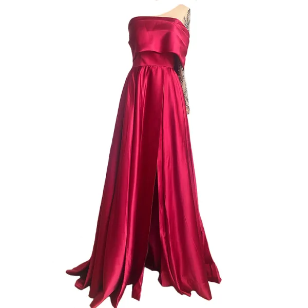 High-end Burgundy Satin Prom Dresses 2022 A-Line / Princess One-Shoulder Beading Rhinestone Sequins Long Sleeve Backless Split Front Floor-Length / Long Formal Dresses