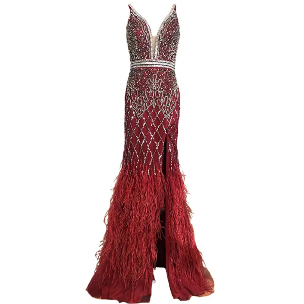 Haut de Gamme Bordeaux Perlage Faux Diamant Gland Robe De Soirée 2022 Trompette / Sirène Col v profond Sans Manches Dos Nu Longue Robe De Ceremonie