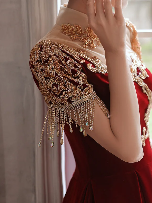 Chic / Beautiful Burgundy Suede Velour Evening Dresses 2022 A-Line / Princess High Neck Beading Pearl Rhinestone Short Sleeve Floor-Length / Long Evening Party Formal Dresses