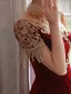 Chic / Beautiful Burgundy Suede Velour Evening Dresses 2022 A-Line / Princess High Neck Beading Pearl Rhinestone Short Sleeve Floor-Length / Long Evening Party Formal Dresses
