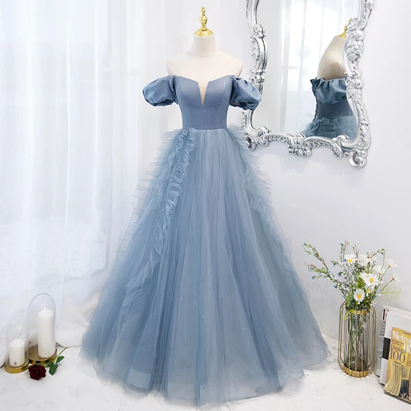 Chic Beautiful Pool Blue Prom Dresses 2022 Ball Gown Off-The-Shoulder Puffy Short Sleeve