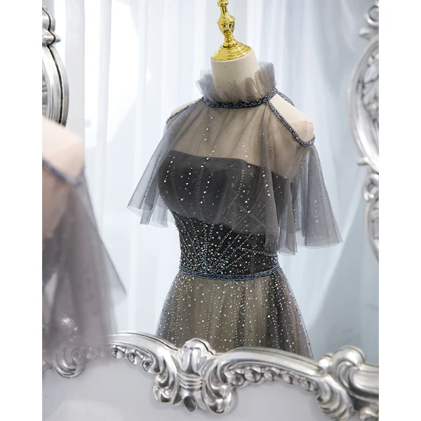 Charming Grey Prom Dresses 2022 A-Line / Princess High Neck Beading Rhinestone Sleeveless Backless Floor-Length / Long Formal Dresses