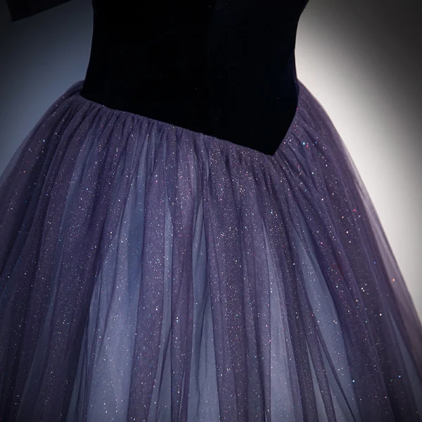 Élégant Violet Glitter Paillettes Daim Robe De Bal 2022 Princesse De l'épaule Manches Courtes Dos Nu Longue Robe De Ceremonie