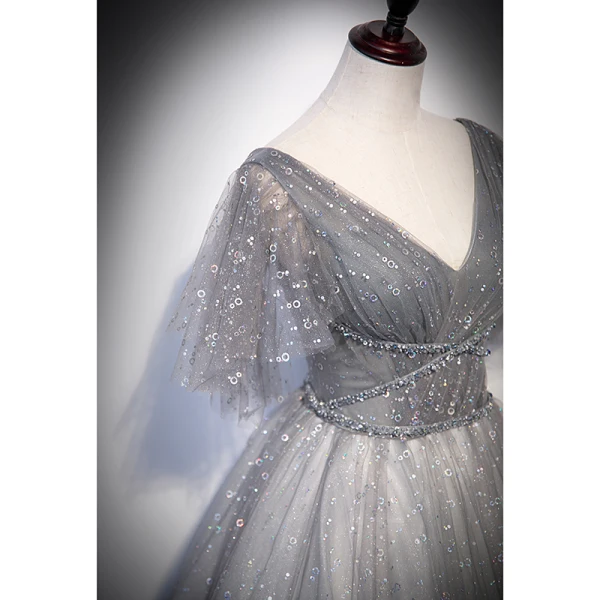 Charmant Gris Perlage Paillettes Robe De Bal Princesse 2022 V-Cou Manches Courtes Dos Nu Longue Robe De Ceremonie
