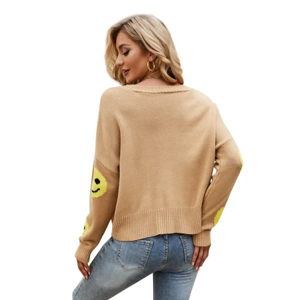 Fashion Street Wear Fall Winter Knitting Grey Smiley Emoji Sweaters 2021 V-Neck Long Sleeve Loose Women Tops