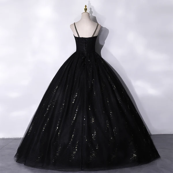 Chic / Belle Noire Perlage Paillettes Robe De Bal 2021 Robe Boule Bretelles Spaghetti Sans Manches Dos Nu Longue Robe De Ceremonie