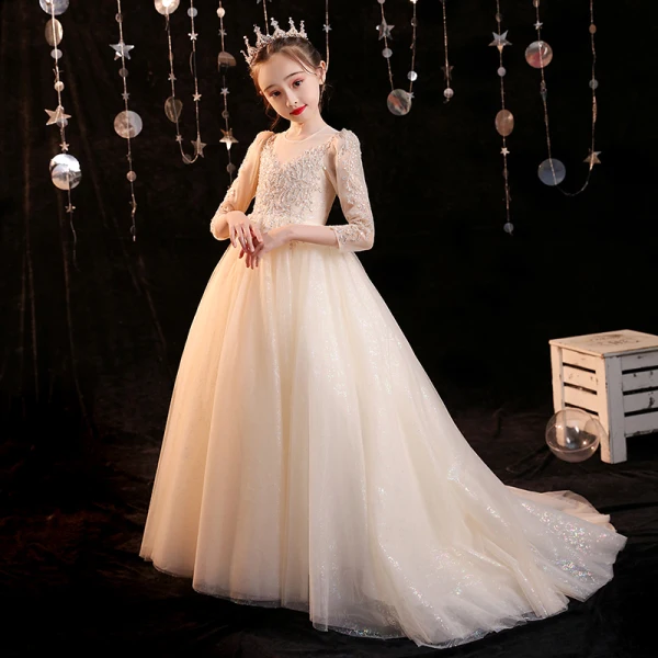 Chic / Beautiful Champagne Beading Sequins Birthday Flower Girl Dresses 2022 Ball Gown Scoop Neck 3/4 Sleeve Sweep Train Flower Girl Dresses