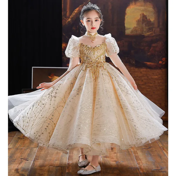 Sparkly Champagne Glitter Beading Sequins Birthday Flower Girl Dresses 2022 Ball Gown High Neck Puffy Short Sleeve Floor-Length / Long Flower Girl Dresses