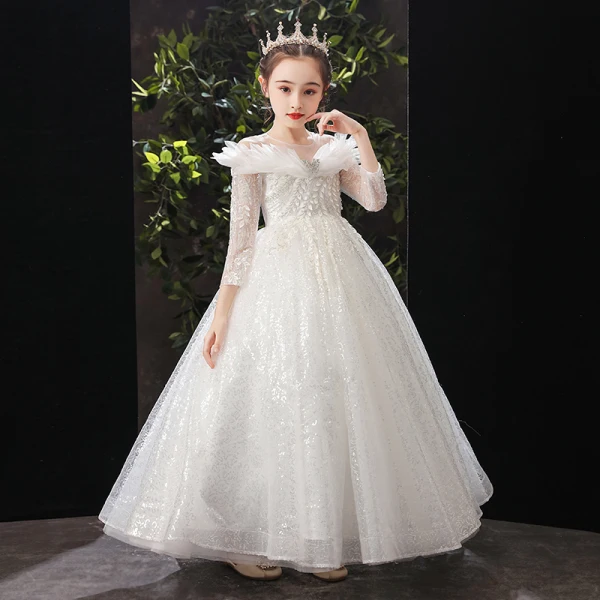 Chic / Beautiful White Birthday Flower Girl Dresses 2022 Ball Gown Scoop Neck Beading Sequins Lace Flower 3/4 Sleeve Floor-Length / Long Flower Girl Dresses