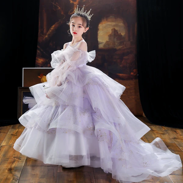 Fashion Lavender Sequins Cascading Ruffles Birthday Flower Girl Dresses 2022 Ball Gown Scoop Neck Puffy Long Sleeve Floor-Length / Long Flower Girl Dresses