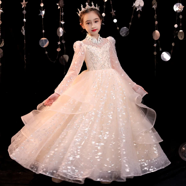 Sparkly Champagne Birthday Beading Rhinestone Sequins Flower Girl Dresses 2022 Ball Gown High Neck Long Sleeve Cascading Ruffles Floor-Length / Long Flower Girl Dresses