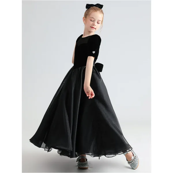 Audrey Hepburn Style Black Suede Birthday Flower Girl Dresses 2022 A-Line / Princess Scoop Neck Short Sleeve Floor-Length / Long Bow Flower Girl Dresses