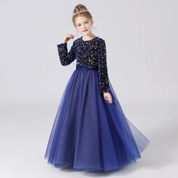 Chic / Beautiful Burgundy Sequins Birthday Flower Girl Dresses 2022 A-Line / Princess Scoop Neck Sash Bow Long Sleeve Floor-Length / Long Flower Girl Dresses